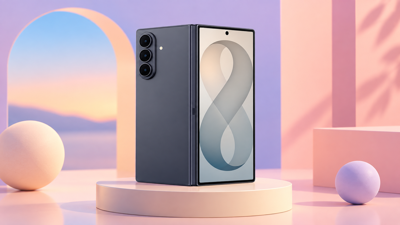 Samsung Galaxy Z Fold8 Ultra chiuso, in una composizione editoriale