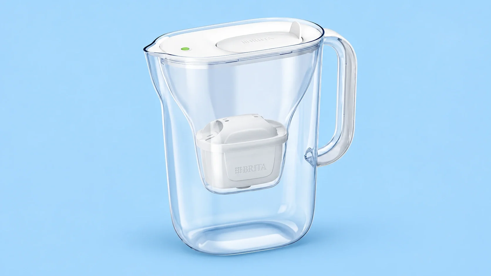 BRITA Style Essential bianca su sfondo azzurro, illustrazione editoriale