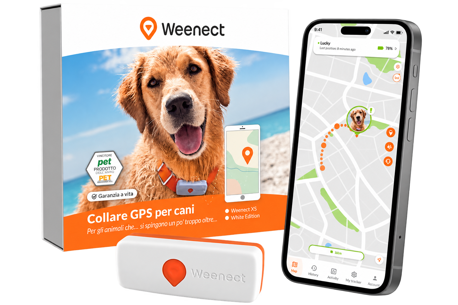 Weenect XS con confezione e app su fondo trasparente