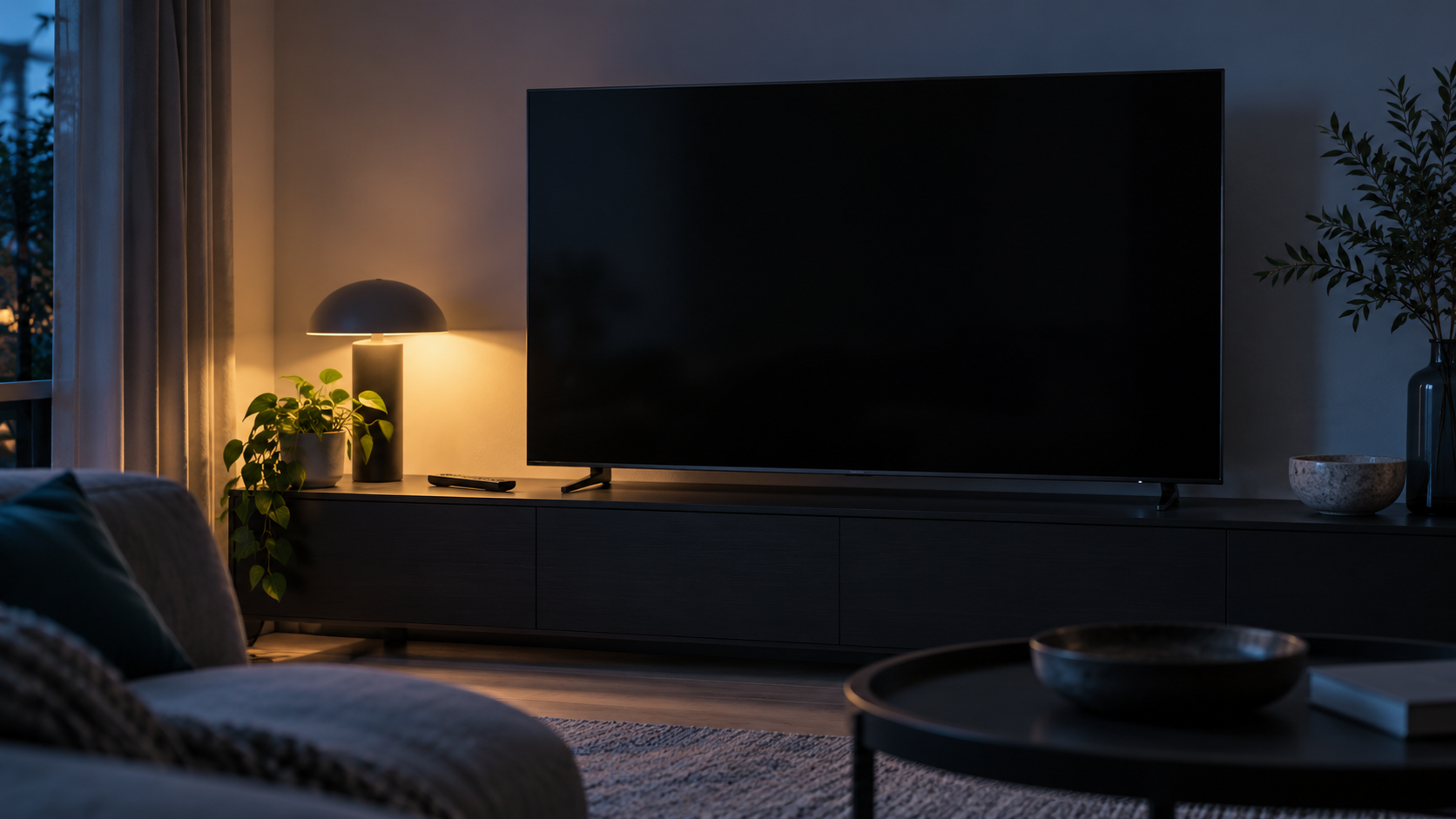 Televisore con schermo nero e piccola spia luminosa, accanto a un telecomando in un soggiorno serale