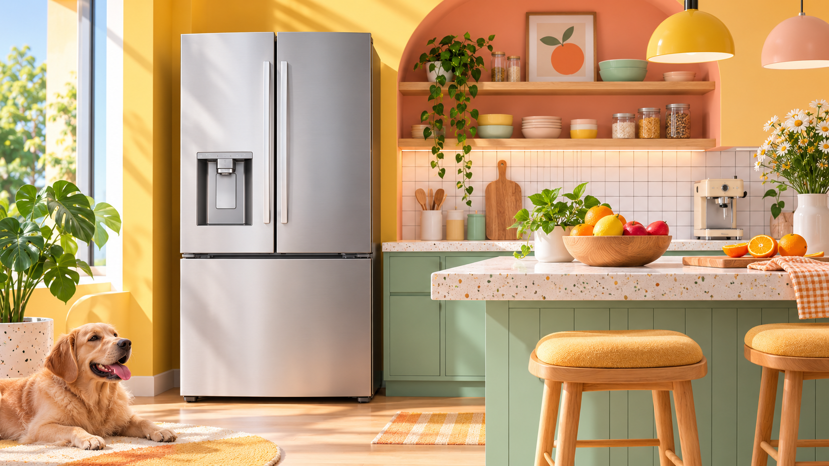 Frigorifero multiporta in una cucina con mobili verdi
