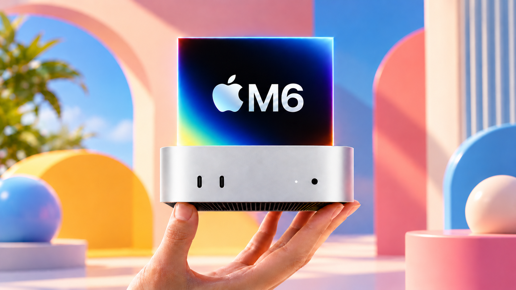 Mac mini mostrato su una mano in una composizione editoriale colorata