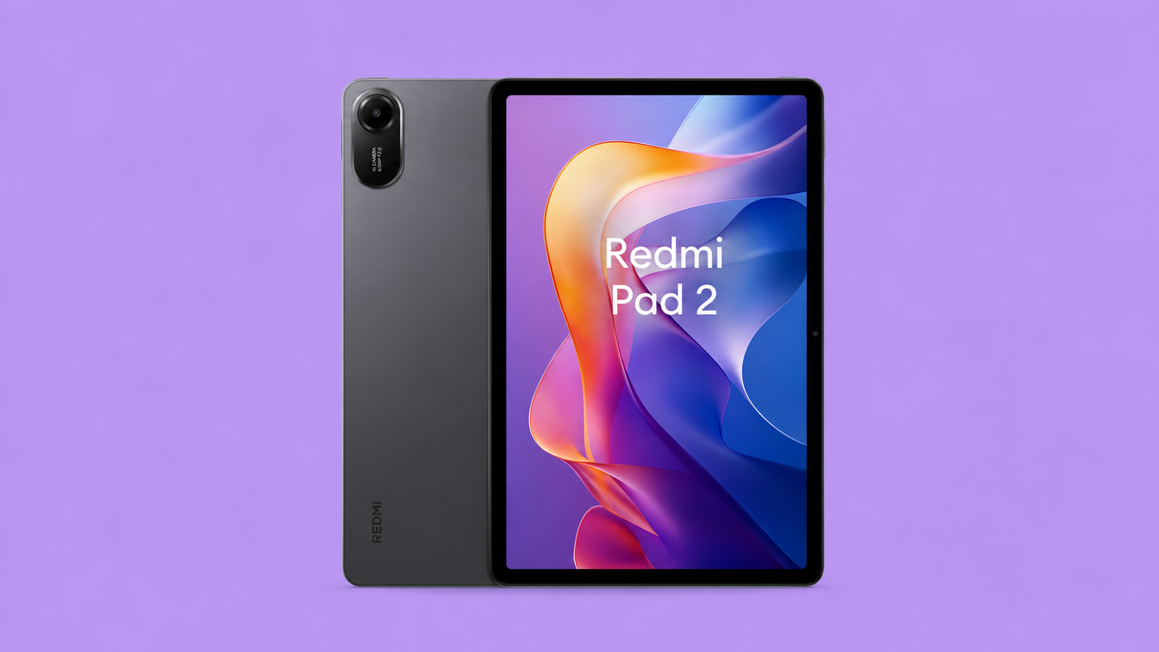 Xiaomi Redmi Pad 2 grigio visto davanti e dietro su sfondo lilla