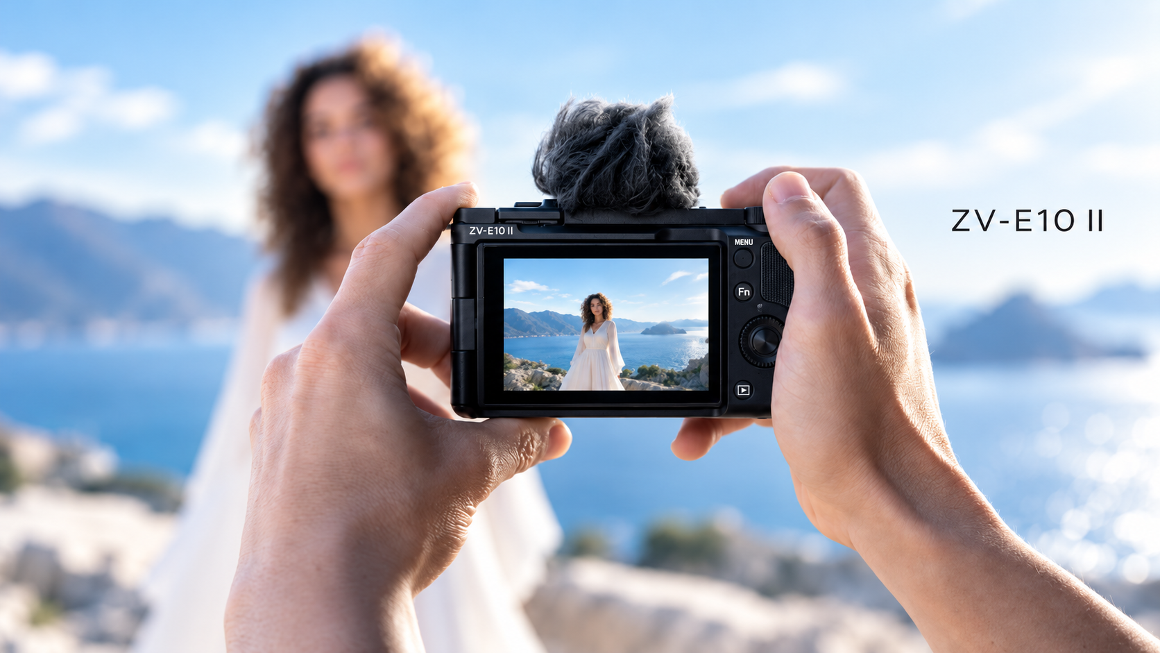 Sony ZV-E10 II con schermo orientabile in una scena illustrativa di ripresa all’aperto