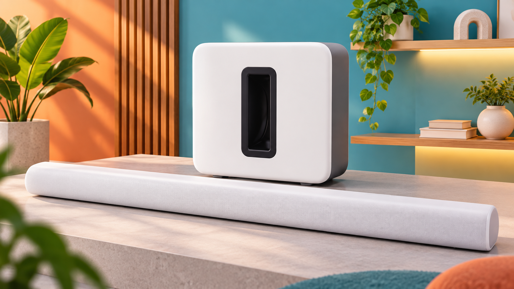 Soundbar bianca con subwoofer in un soggiorno dai colori pastello