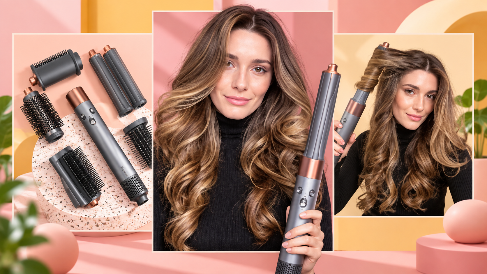 Composizione illustrativa dedicata allo styling Dyson, con accessori e acconciature mosse