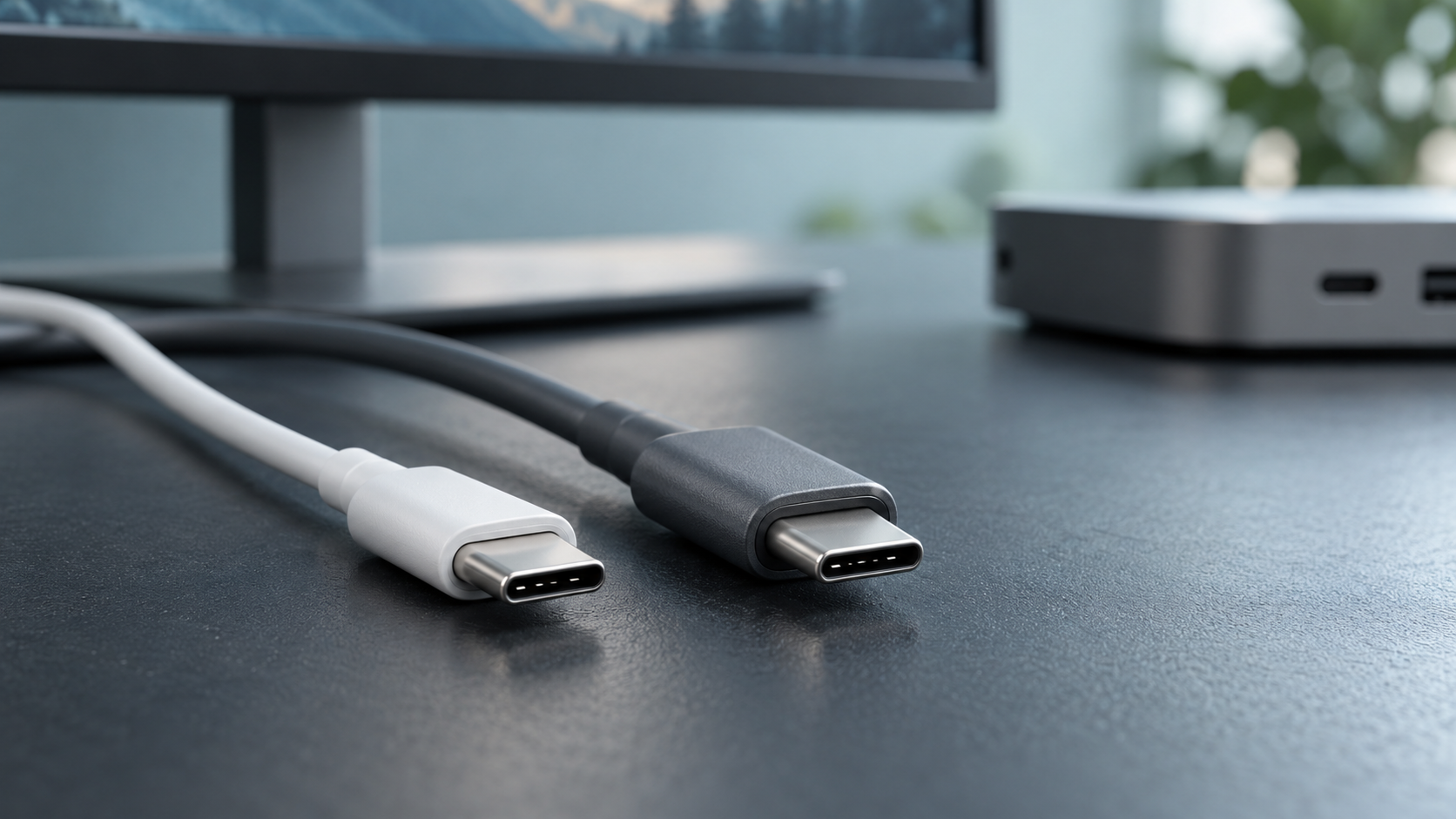 Due connettori USB-C simili, uno con cavo bianco e uno con cavo grigio, accanto a un dock sfocato