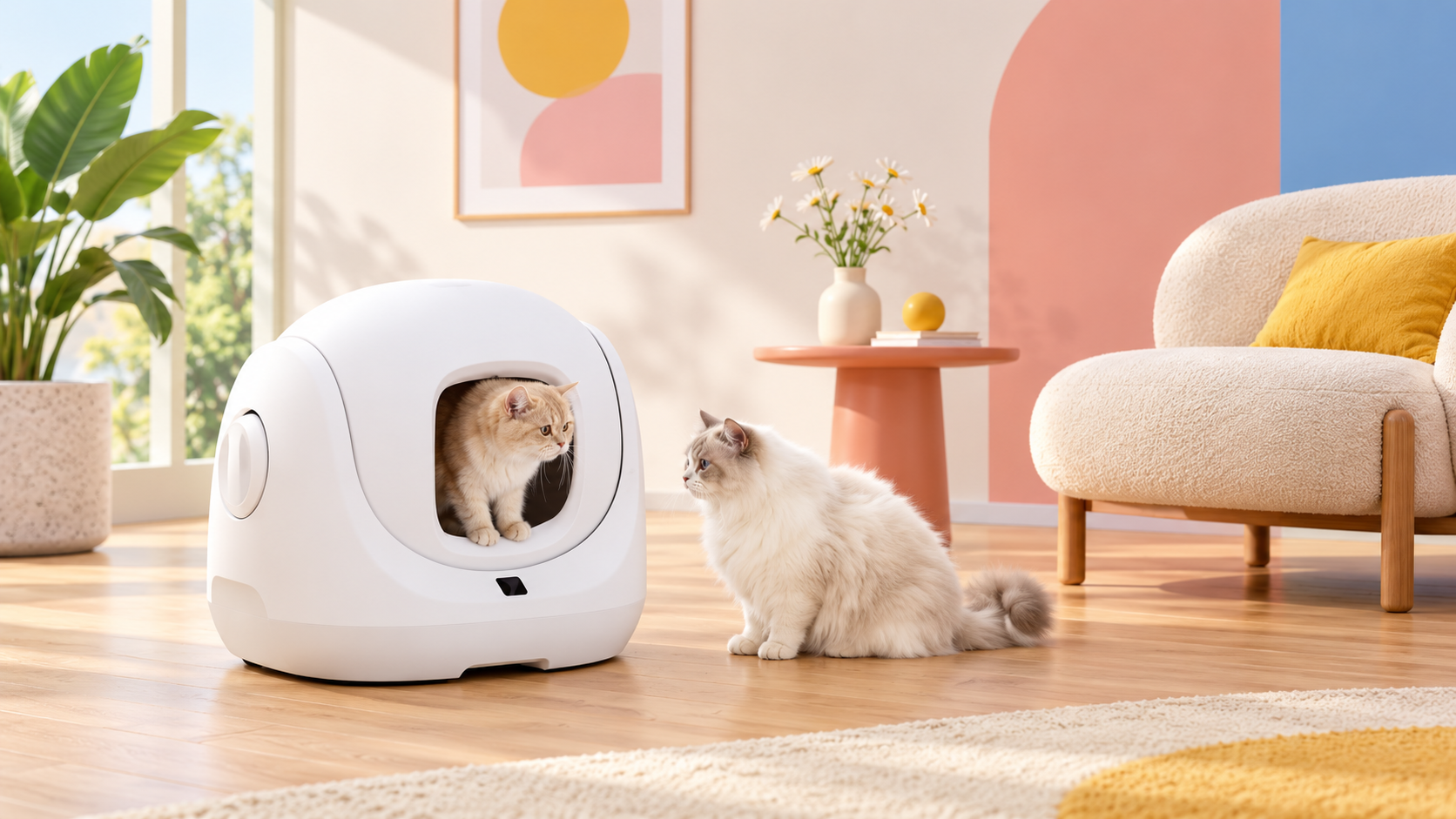 CATLINK BayMax in una composizione editoriale accanto a un gatto e a una poltrona