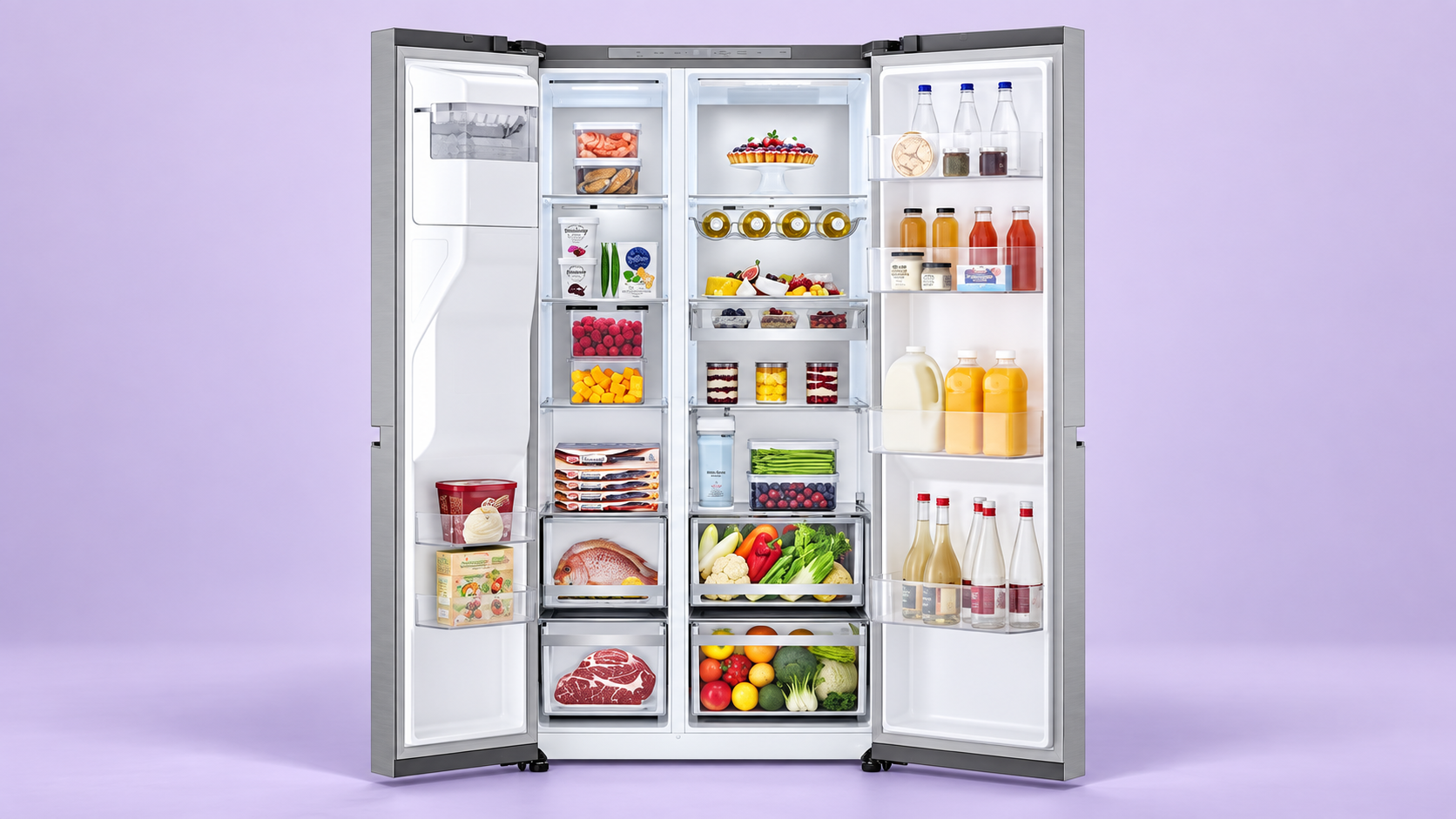 Illustrazione editoriale di LG GSLE91MBAC con freezer a sinistra e frigorifero a destra, a porte aperte