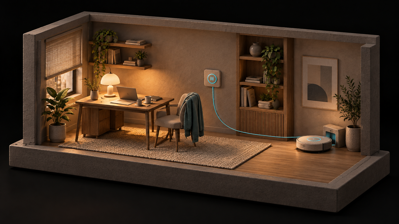 Uno studio domestico in miniatura, con un robot fermo alla base e un comando di pausa: la pulizia lascia spazio a una giornata di lavoro diversa.