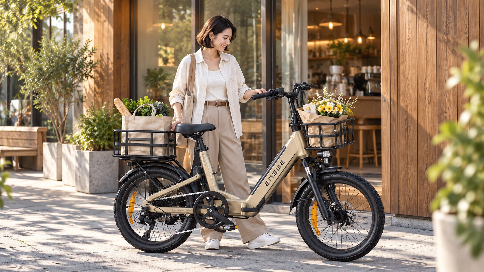 Immagine illustrativa di una e-bike ENGWE color champagne parcheggiata davanti a un negozio
