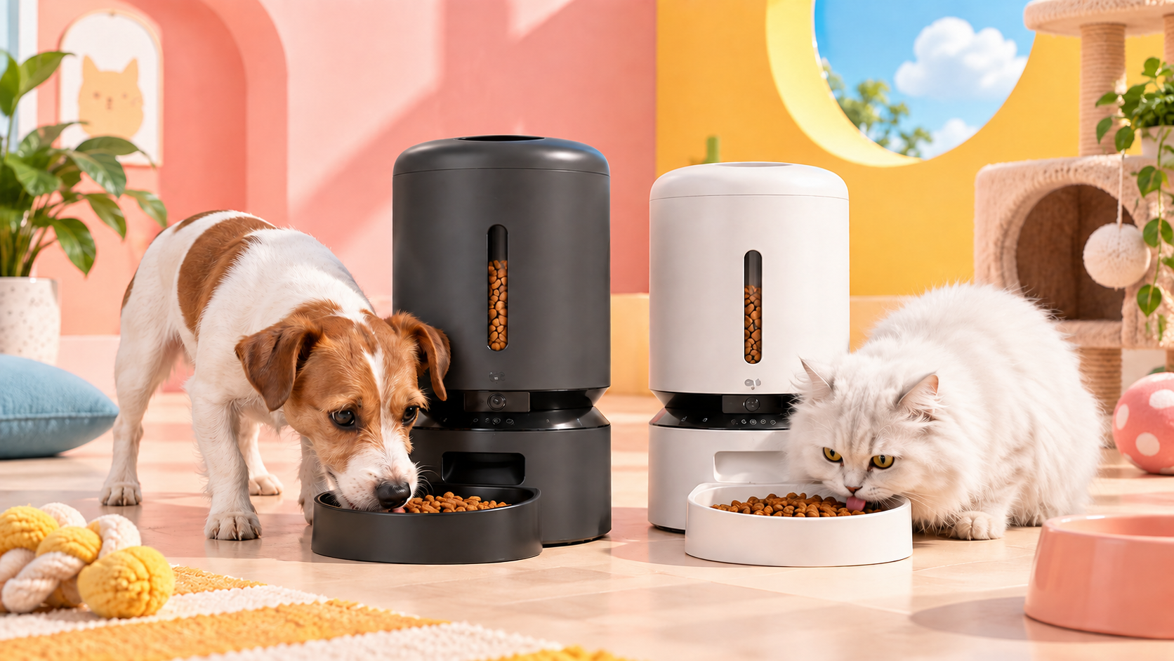 Due PETLIBRO Granary con un cane e un gatto, in un allestimento illustrativo