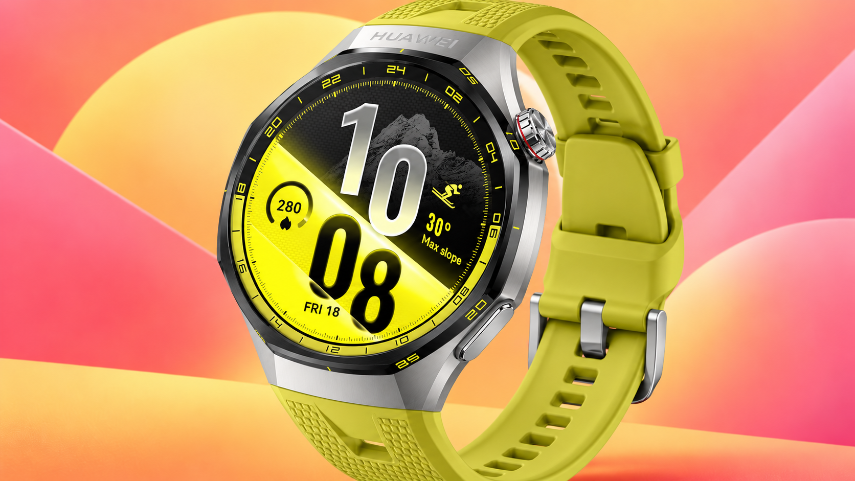 Illustrazione editoriale: Huawei Watch GT 7 Pro con cinturino giallo su sfondo geometrico