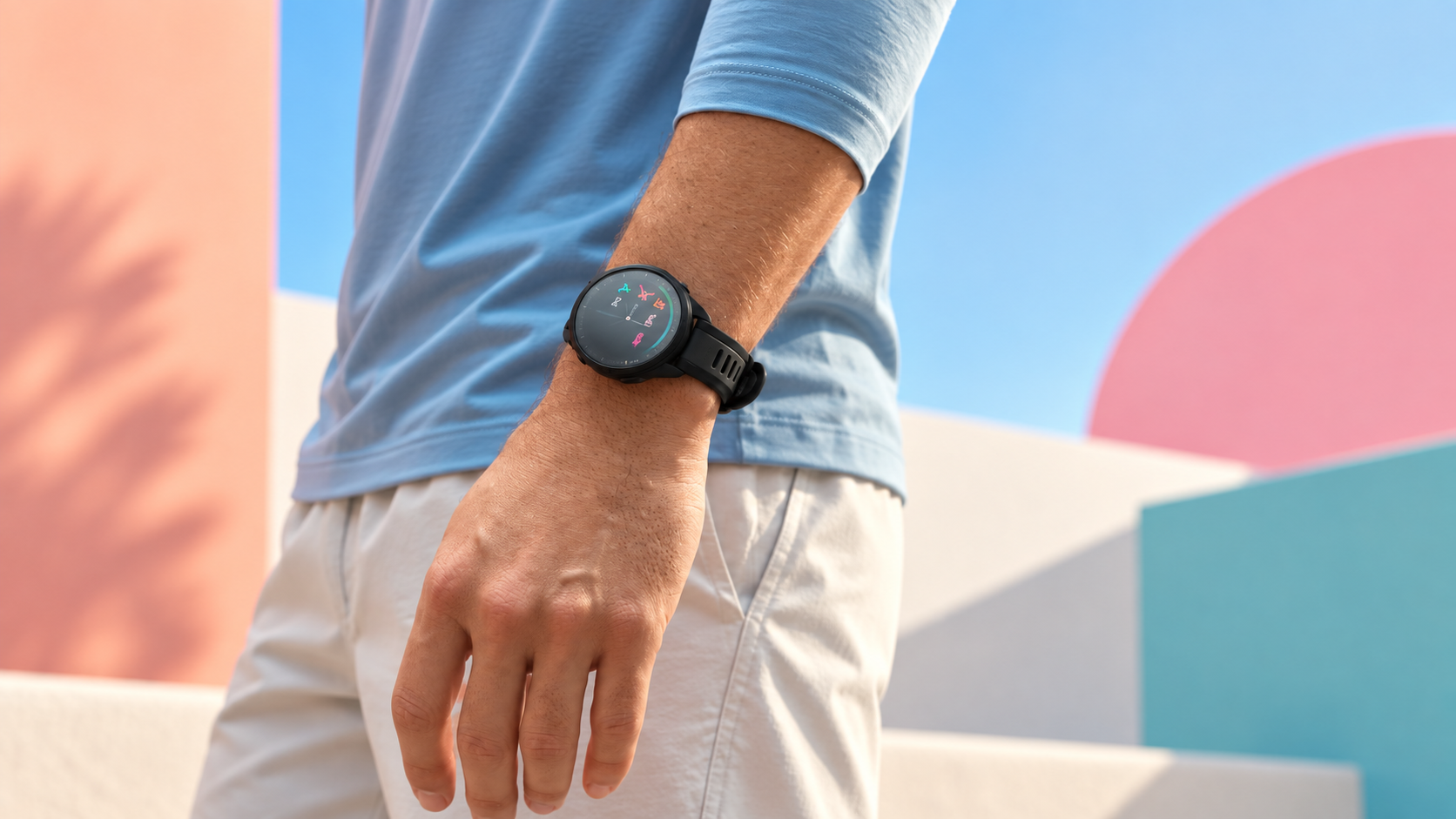 Garmin Forerunner 165 nero al polso in una composizione su sfondo pastello