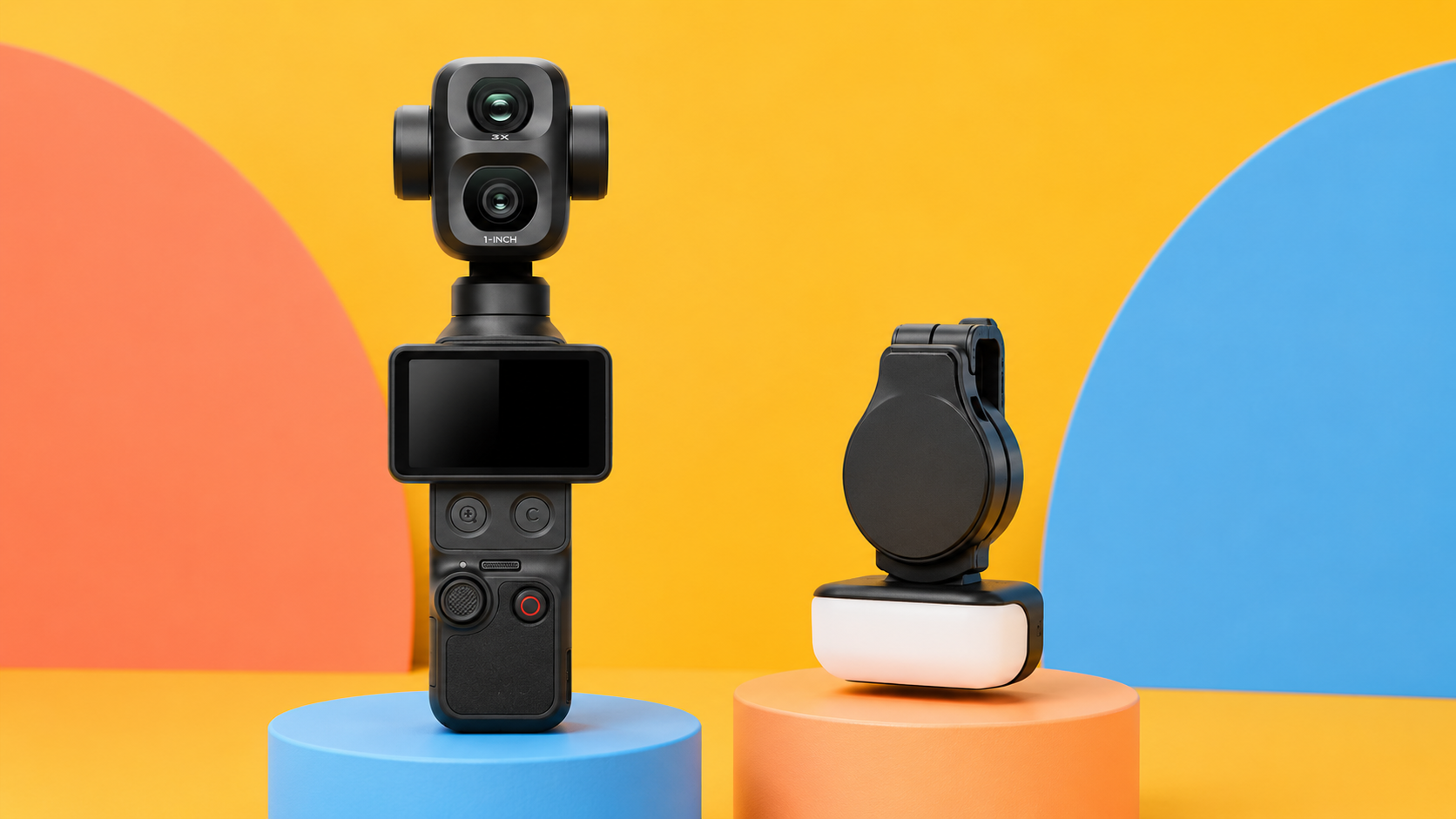 DJI Osmo Pocket 4P nera con custodia in una composizione gialla e azzurra