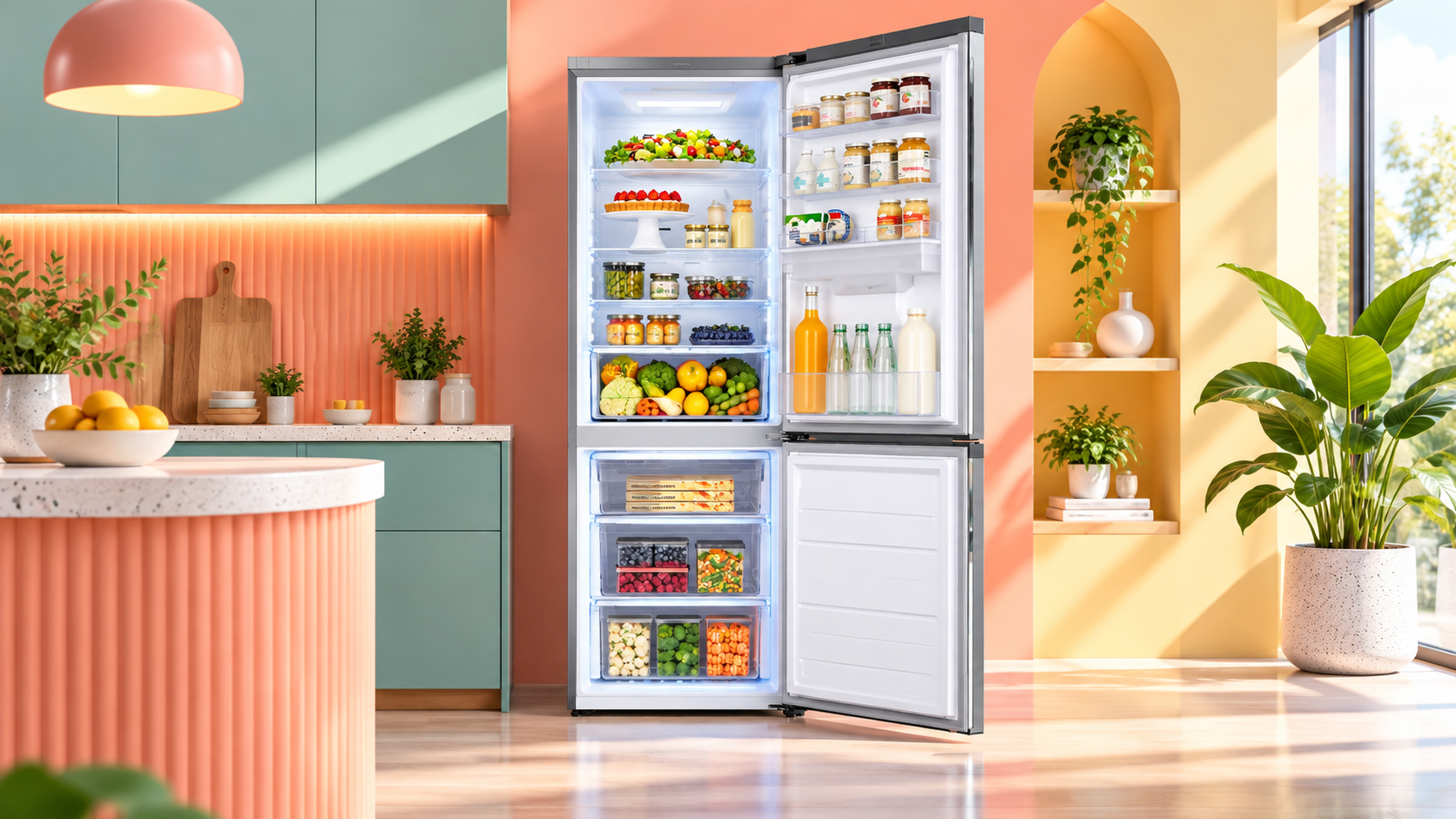 Samsung EcoFlex AI aperto con alimenti disposti nei ripiani e nei cassetti