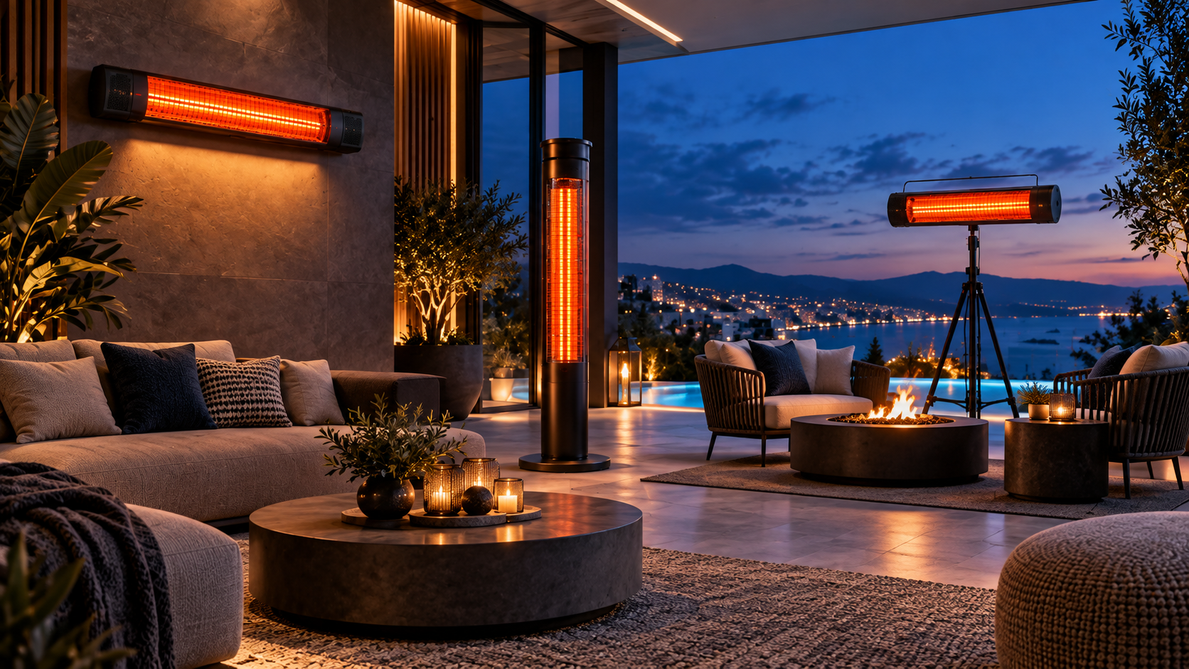 Scena illustrativa con riscaldatori elettrici su una terrazza