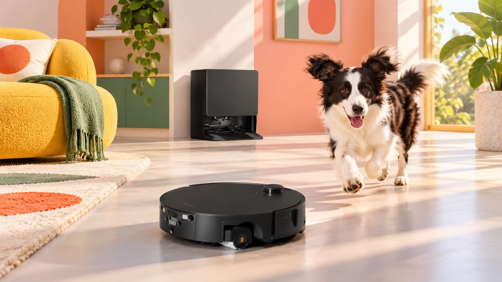 Illustrazione editoriale di un robot nero Roborock in soggiorno con un cane