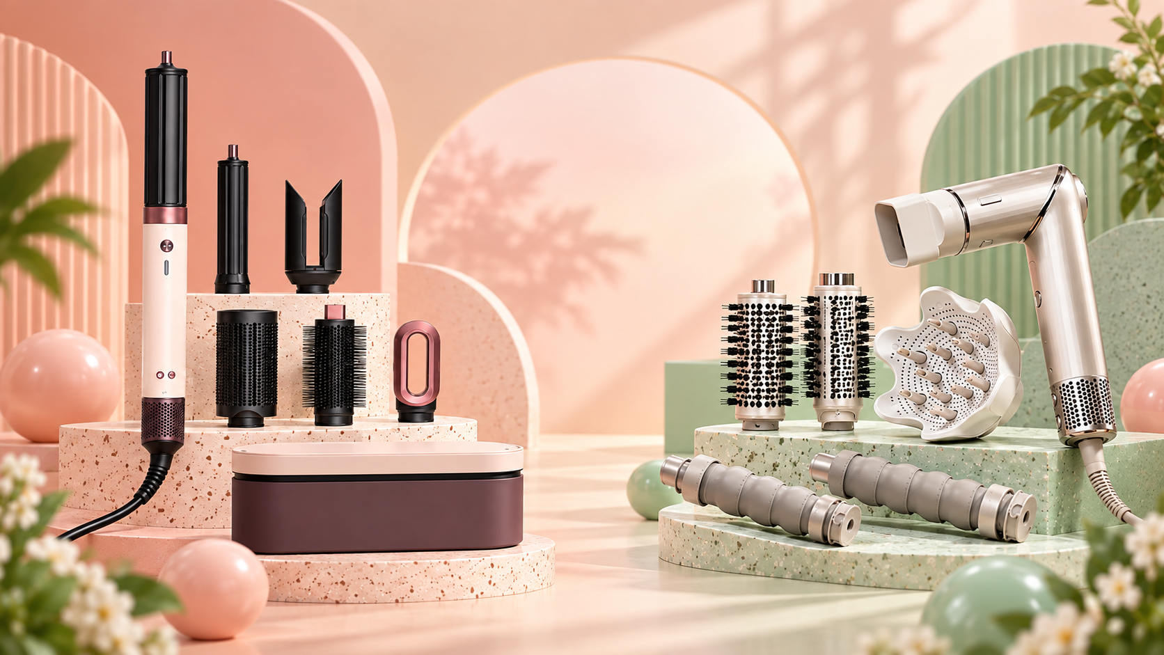 Dyson Airwrap e Shark FlexStyle con i rispettivi accessori in un allestimento editoriale pastello
