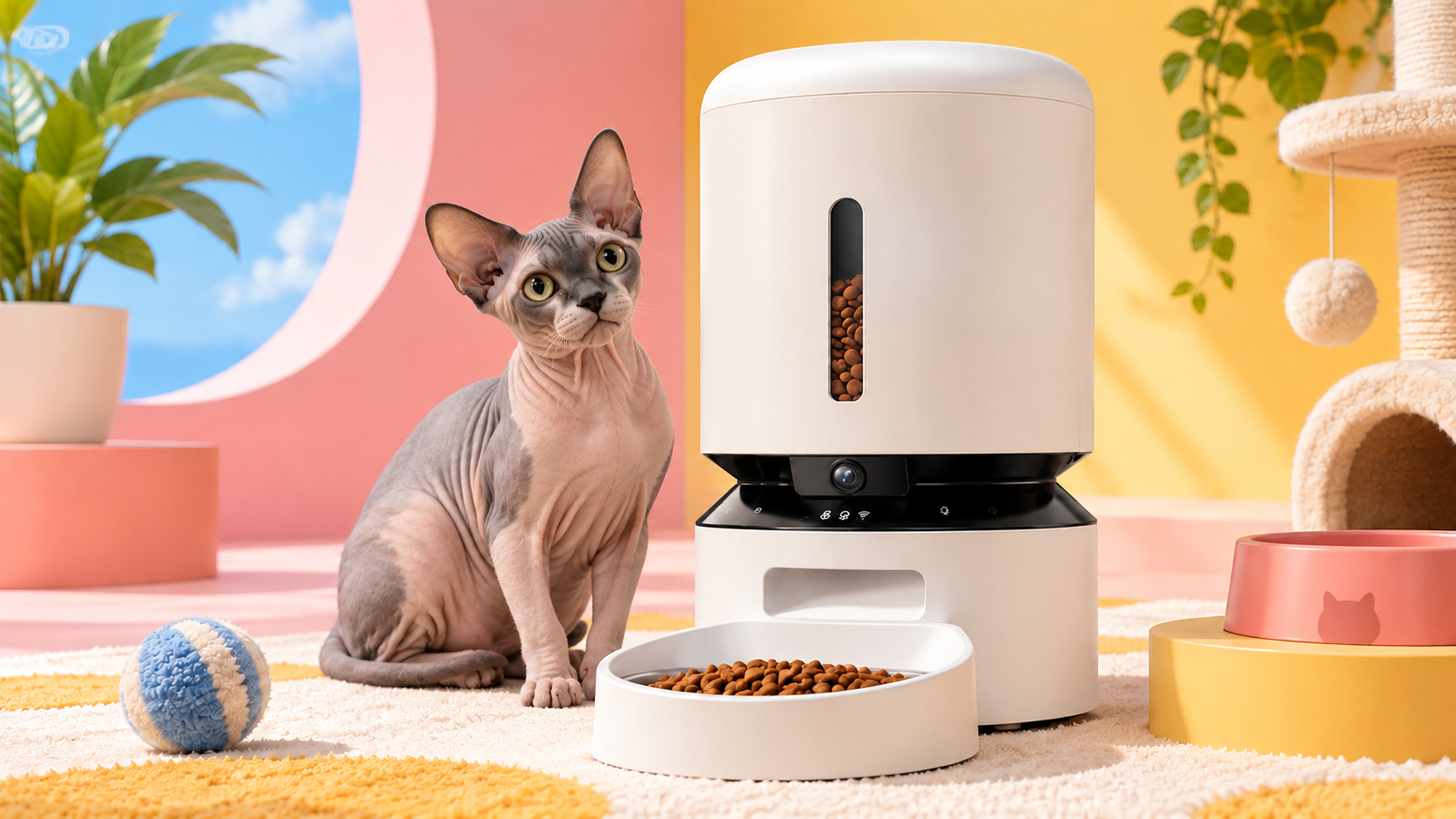 PETLIBRO Granary con videocamera accanto a un gatto Sphynx in una scena illustrativa
