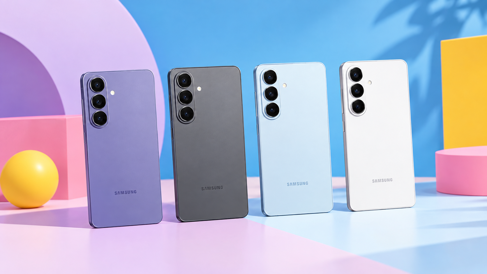 Samsung Galaxy S26 in diverse finiture su sfondo colorato