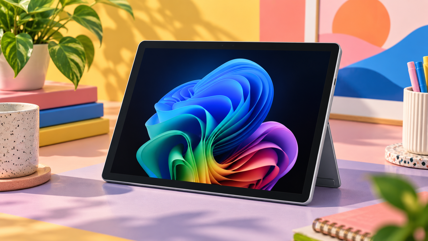 Microsoft Surface Pro 12 sul sostegno, in una composizione editoriale colorata