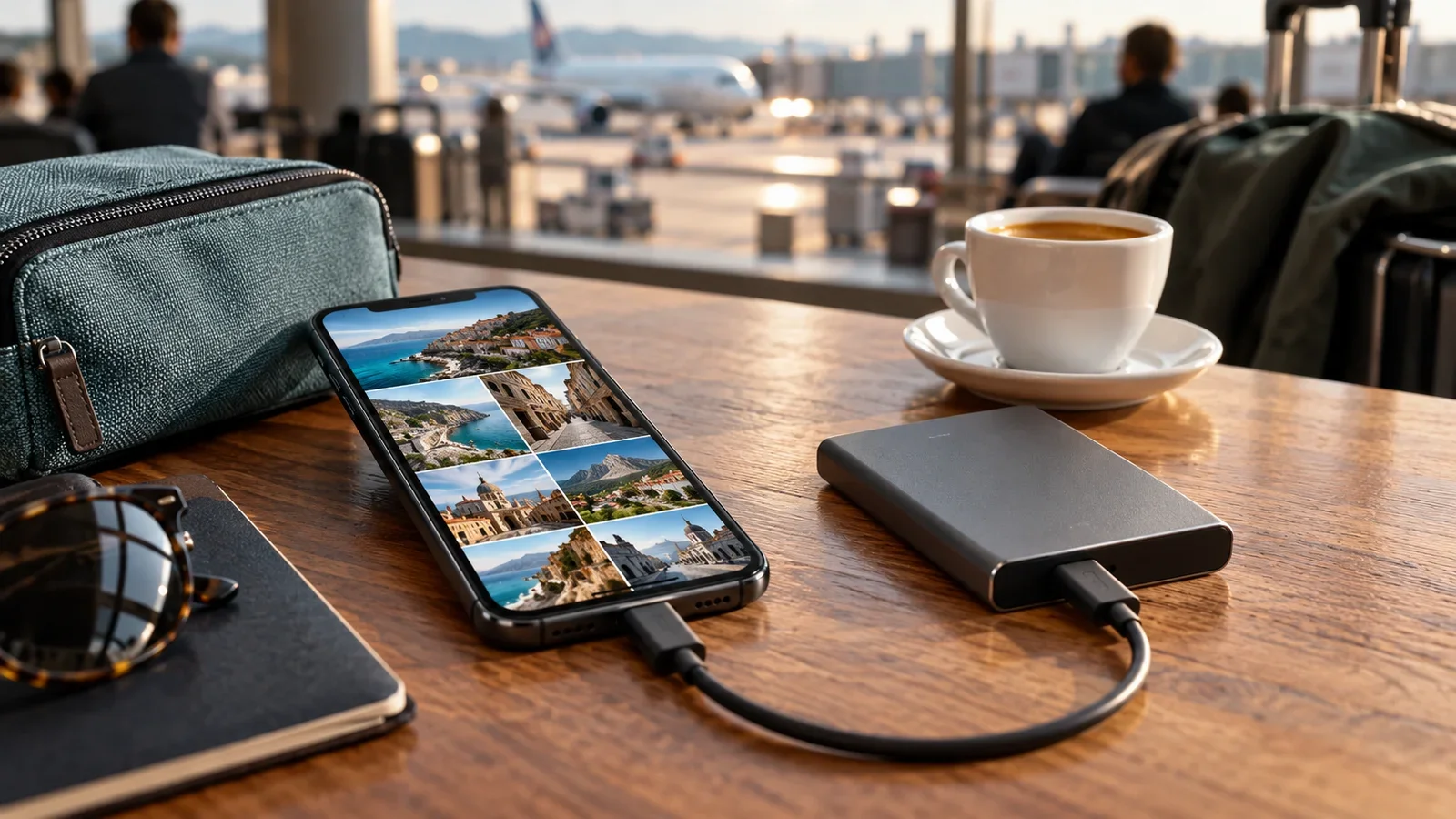 Smartphone collegato a un SSD su un tavolo di aeroporto, accanto a una tazza di caffè