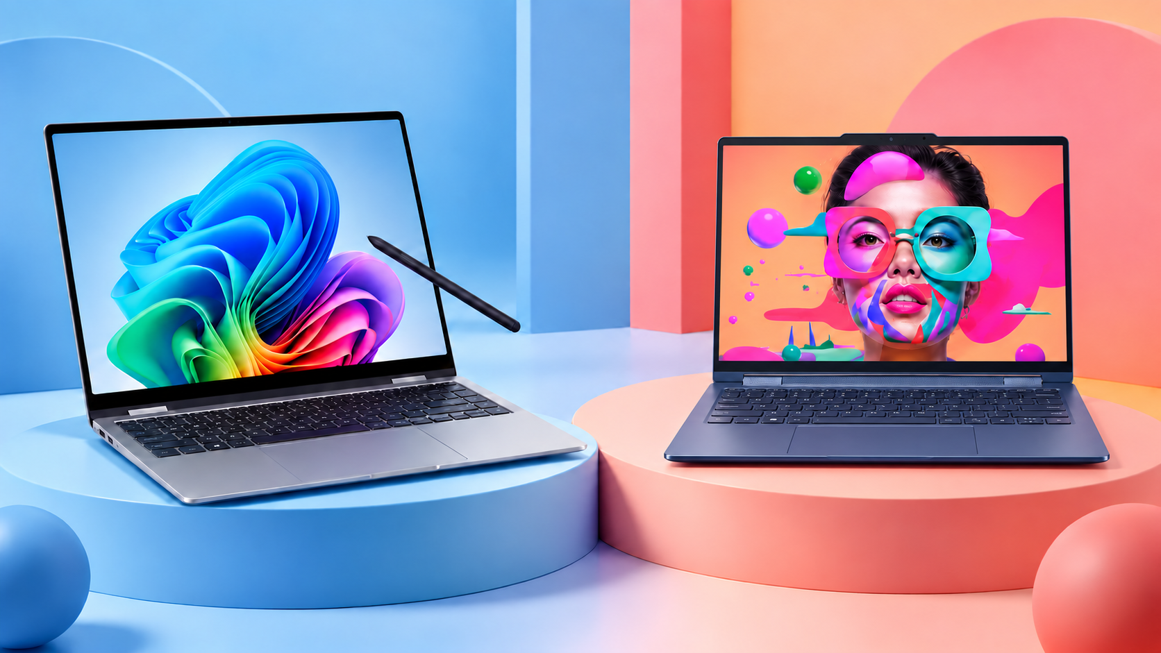 Illustrazione editoriale di Samsung Galaxy Book5 Pro 360 e Lenovo Yoga 9 Gen 11 a confronto