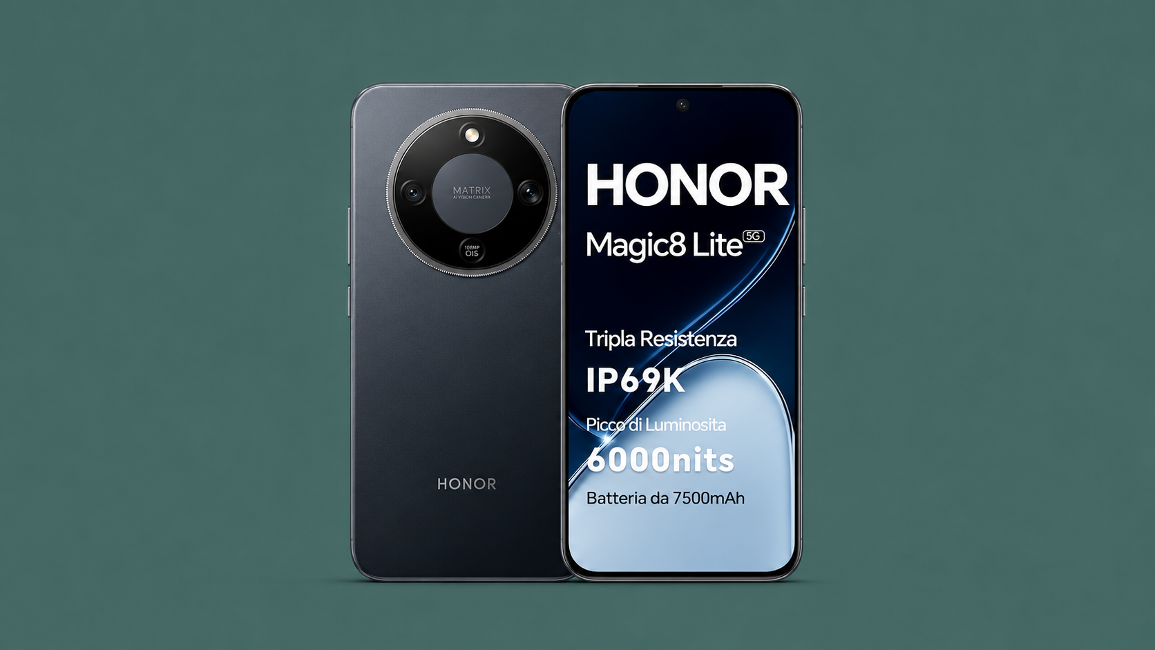 HONOR Magic8 Lite Midnight Black visto frontalmente e posteriormente