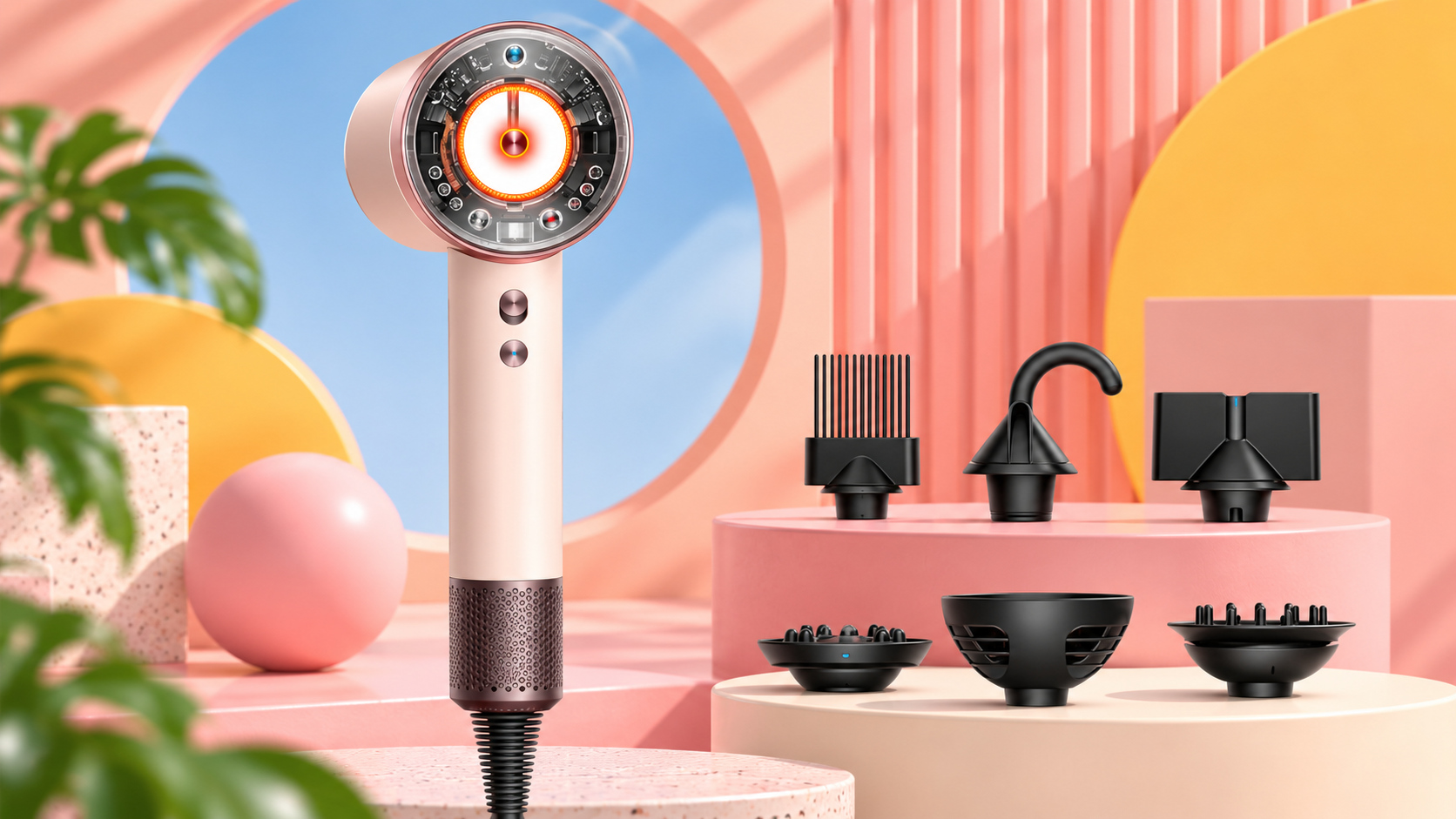 Composizione editoriale del Dyson Supersonic Nural con gli accessori per lo styling