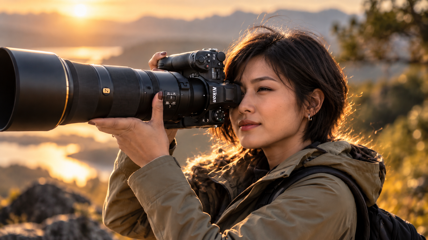 Scena illustrativa con una fotografa e una Nikon con teleobiettivo in un paesaggio naturale
