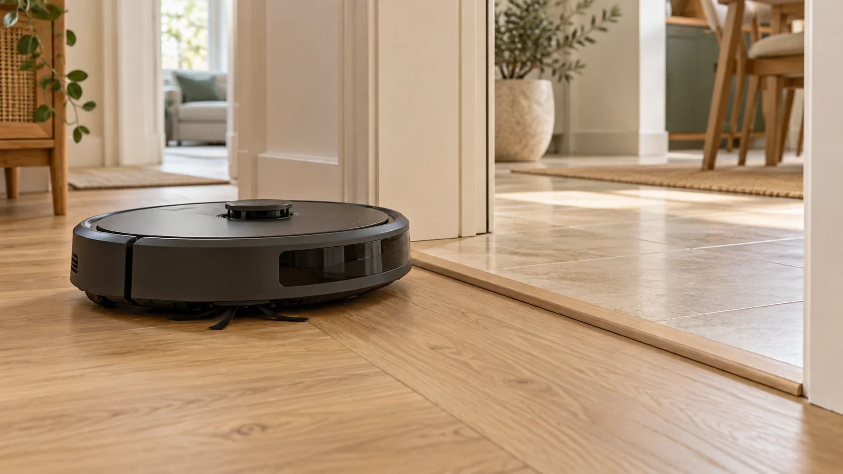 Robot aspirapolvere senza marchio davanti alla soglia tra un pavimento in legno e uno in piastrelle