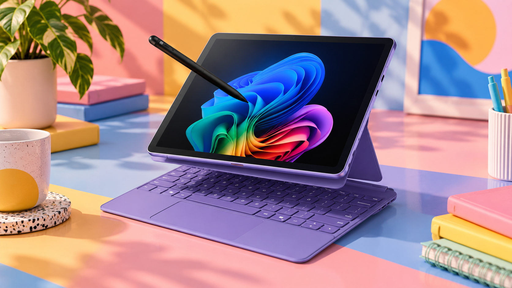 Surface Pro 12 con tastiera e penna davanti allo schermo