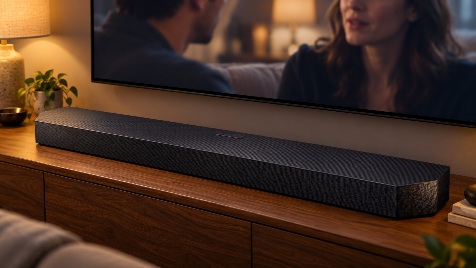 Illustrazione della soundbar Samsung HW-Q990H sotto il televisore durante una scena di dialogo