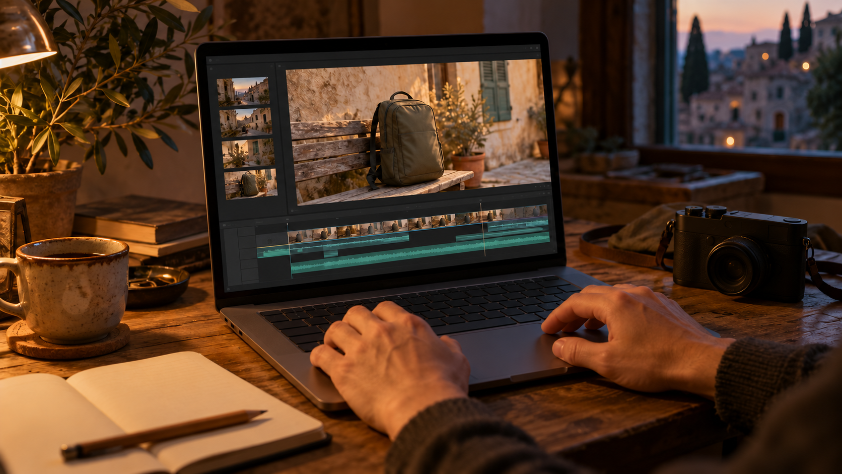 Mani al computer selezionano i materiali di una storia fotografica in una stanza serale