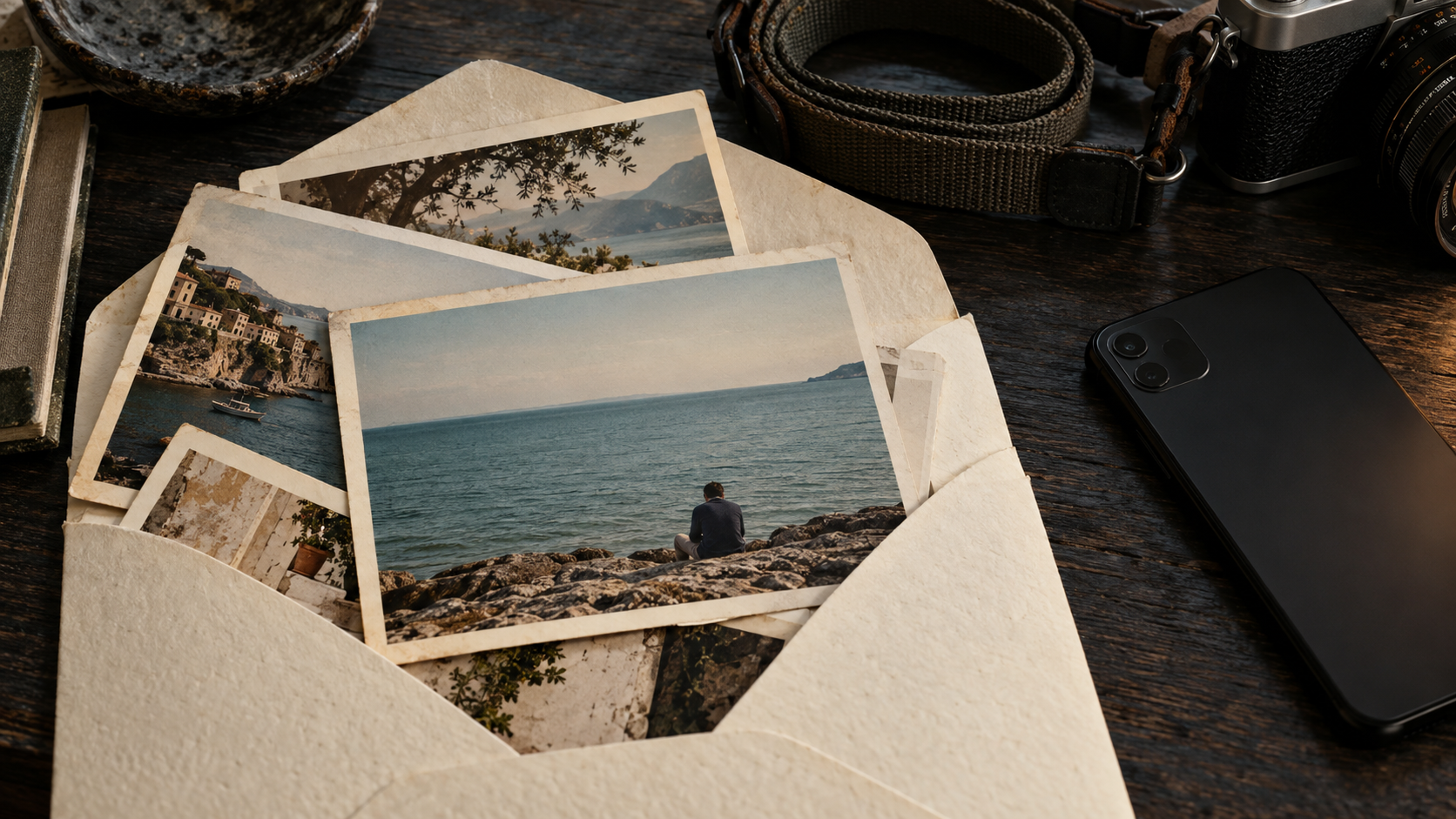 Illustrazione generata con AI: un archivio immaginario di stampe fotografiche in una busta, accanto a uno smartphone e a una fotocamera