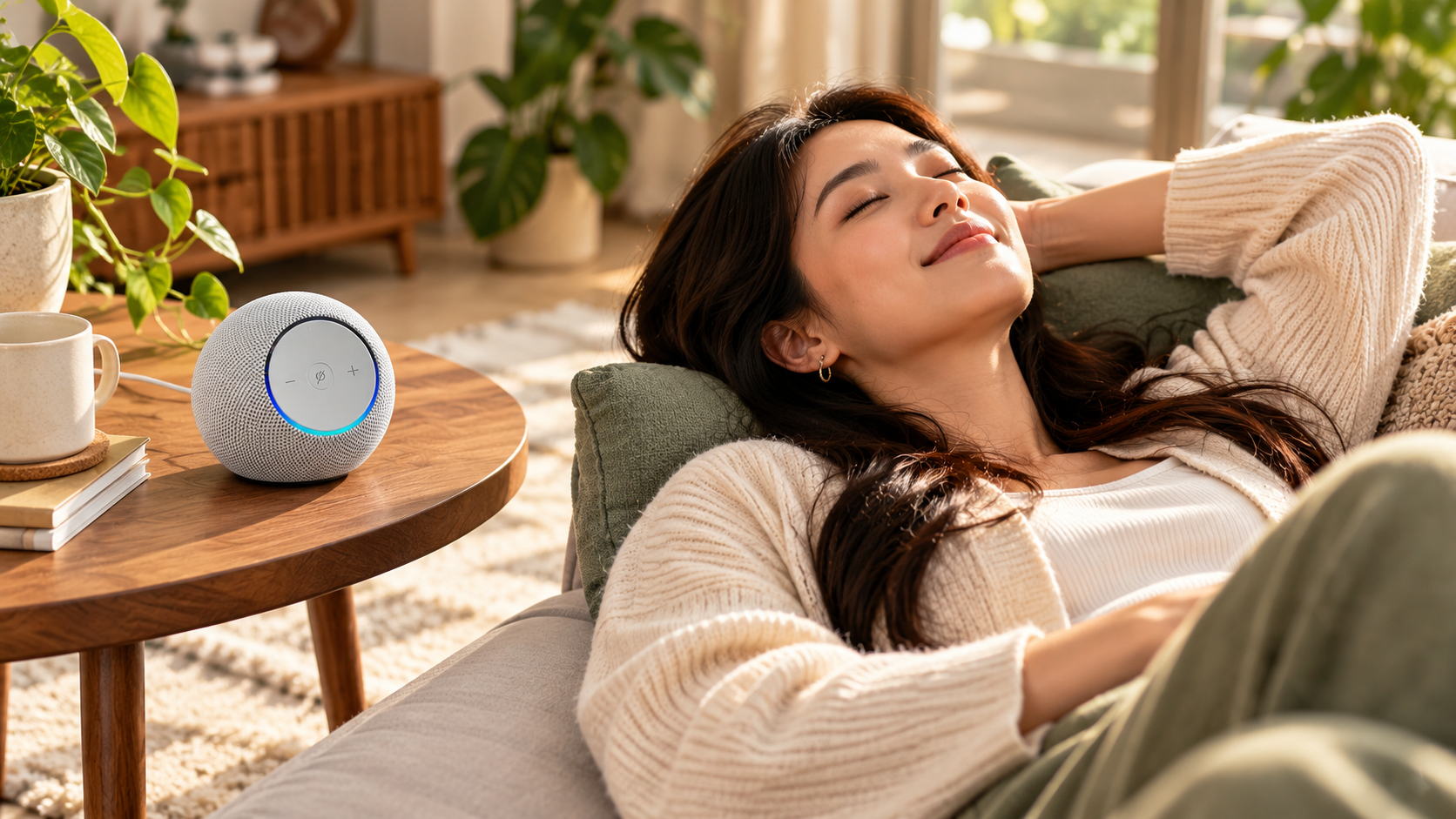 Echo Dot Max chiaro accanto a una persona sul divano