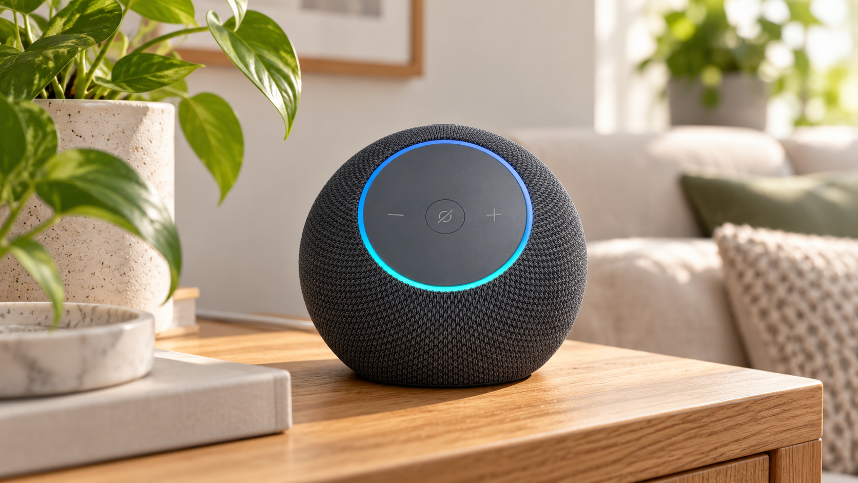 Echo Dot Max Grafite su un mobile in soggiorno