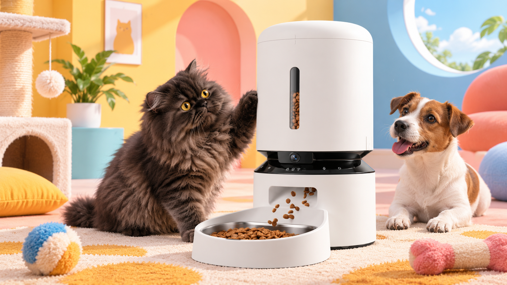 PETLIBRO Granary con un gatto e un cane in un allestimento illustrativo