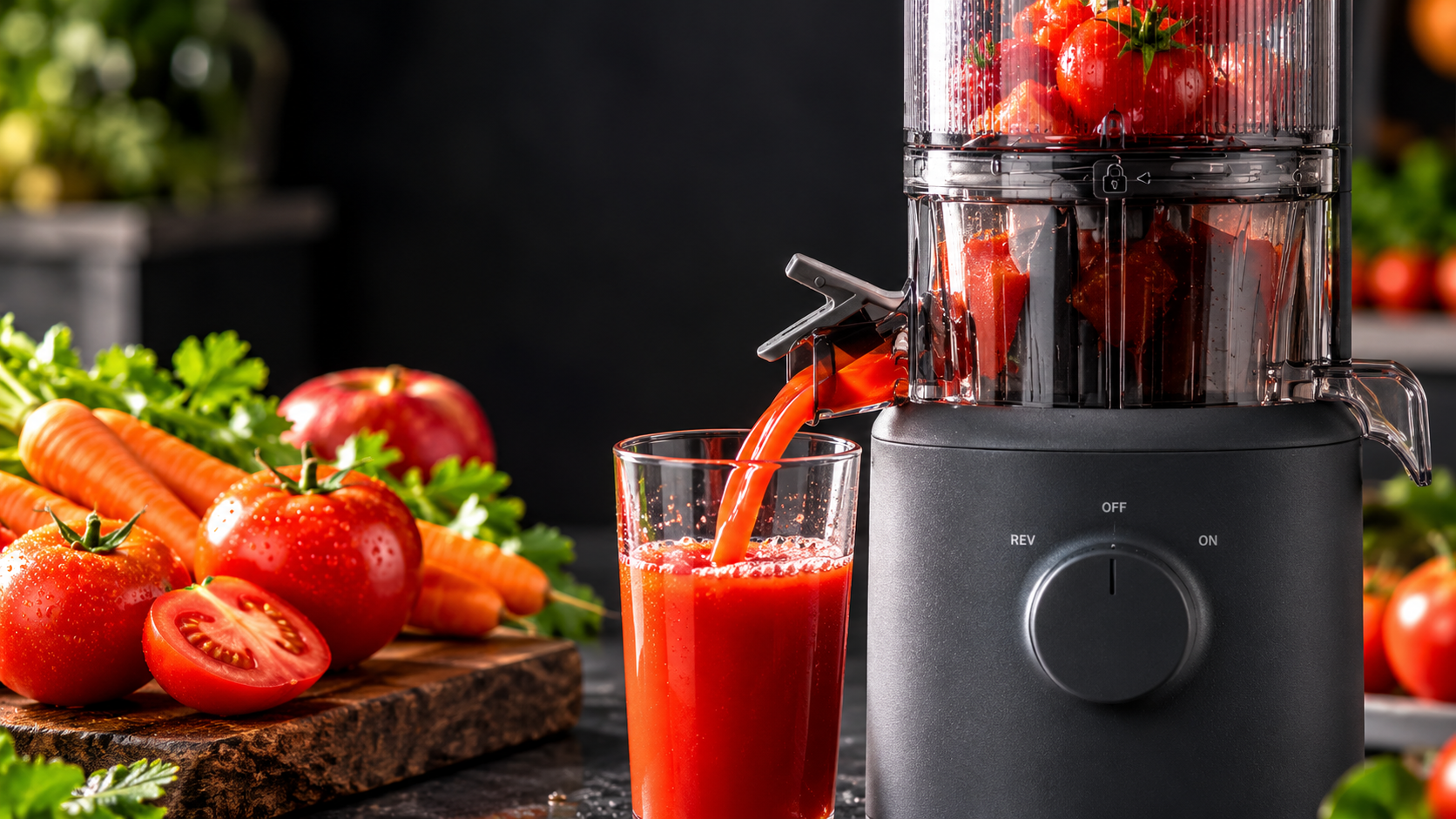 Dettaglio del beccuccio di Hurom H310A mentre versa un succo rosso