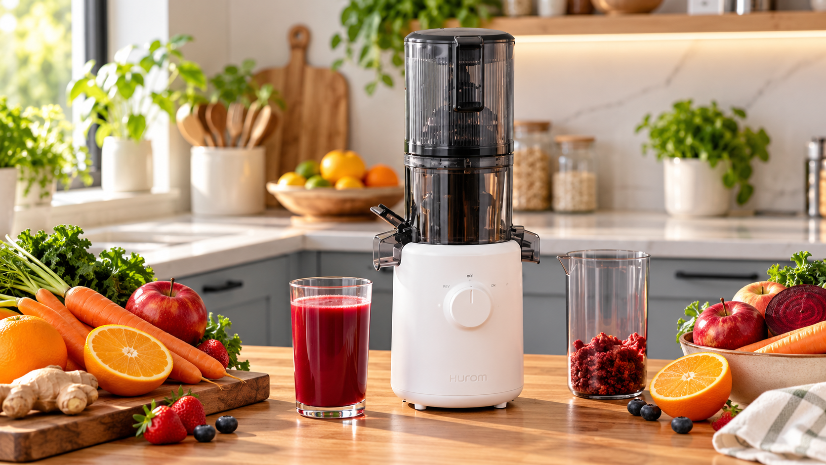 Hurom H310A nella variante chiara, con frutta, verdura e un bicchiere di succo