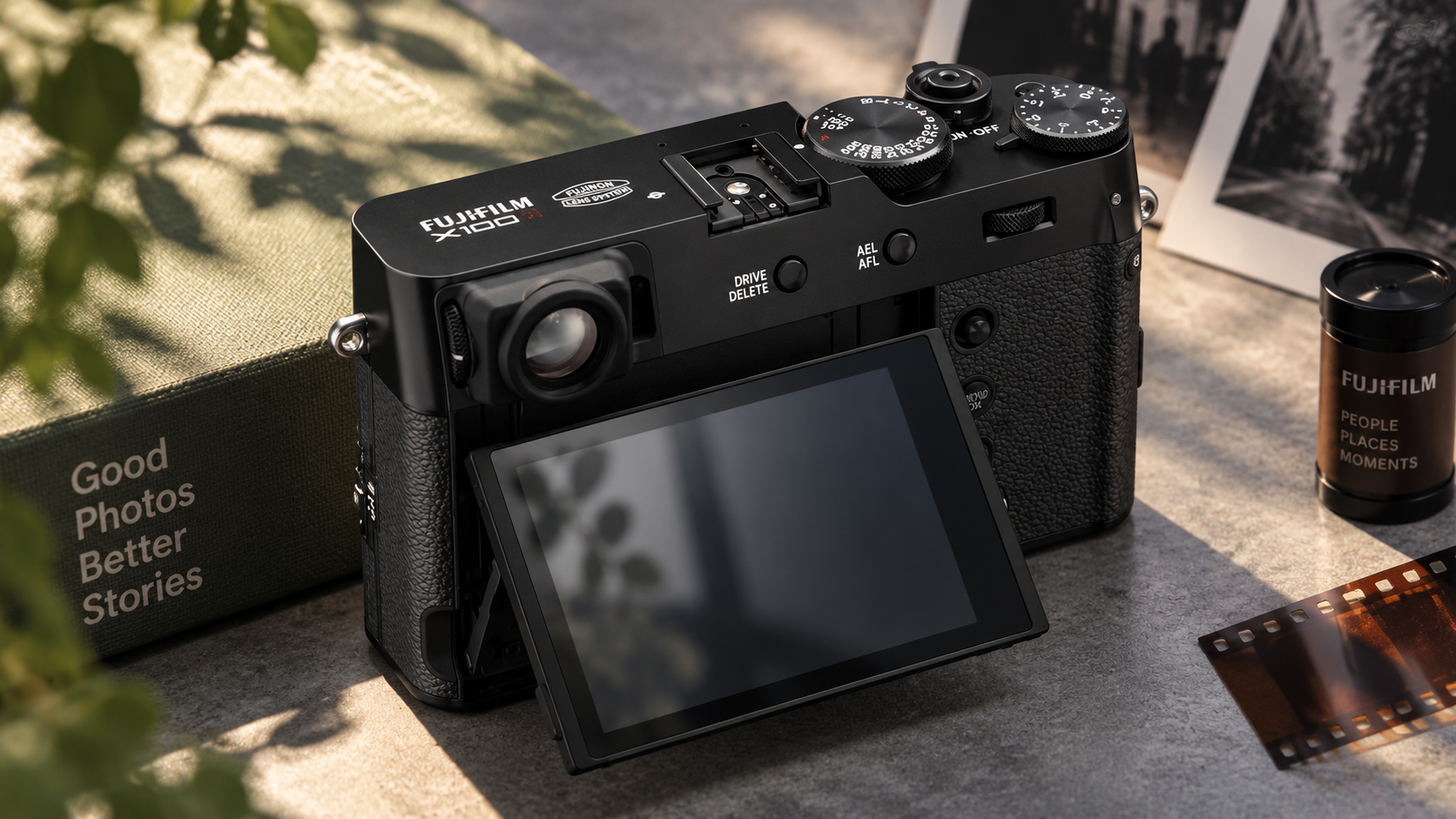 Fujifilm X100VI vista da dietro con schermo inclinato, immagine illustrativa