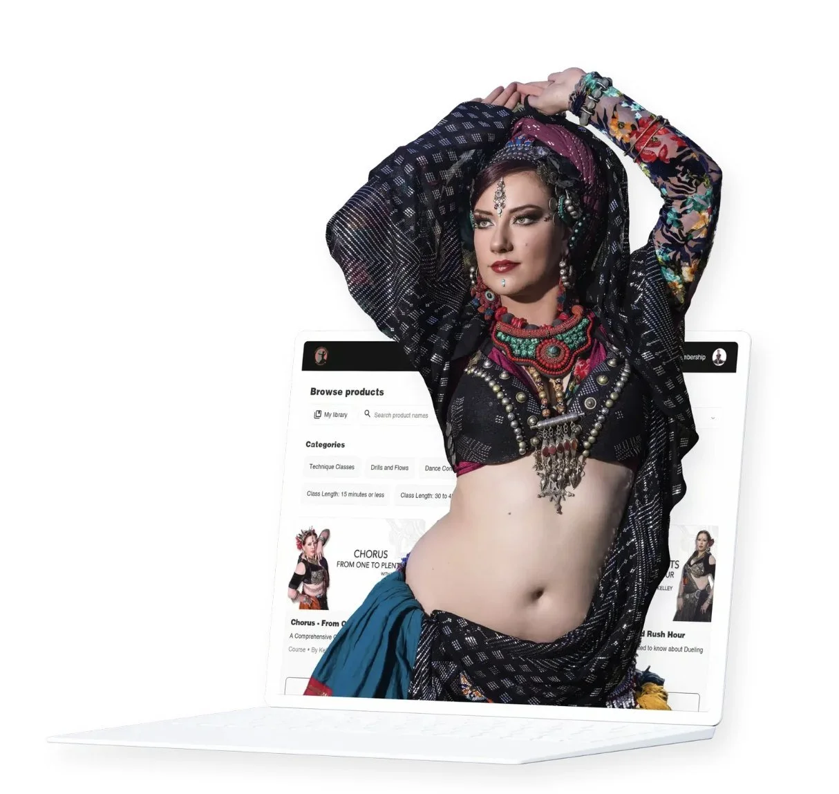 An FCBD® Style dancer in full costume rising out of a laptop screen showing the FCBD®U class library