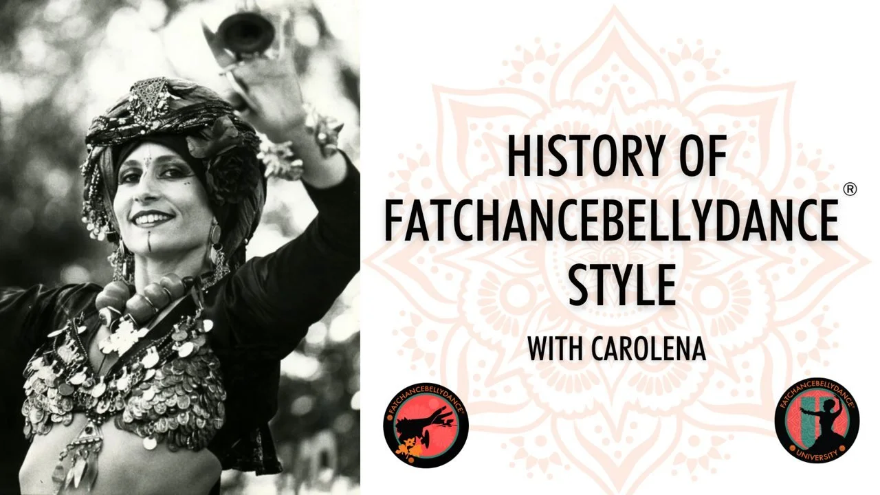 History of FatChanceBellyDance® Style with Carolena: a vintage black and white photo of Carolena in a turban and coin bra, playing zills