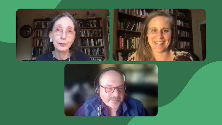 An inverse triangle of images that appear as though they would on a Zoom call, on a green background. Joyce Carol Oates is in the top left, Lauren Groff is in the top right, and Joe Di Prisco is in the bottom center.
