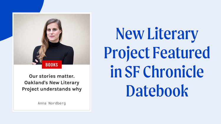 On the left, there is an image of the icon featured on Datebook's website for an article about the New Literary Project. On the right, there is text reading "New Literary Project Featured SF Chronicle Date."