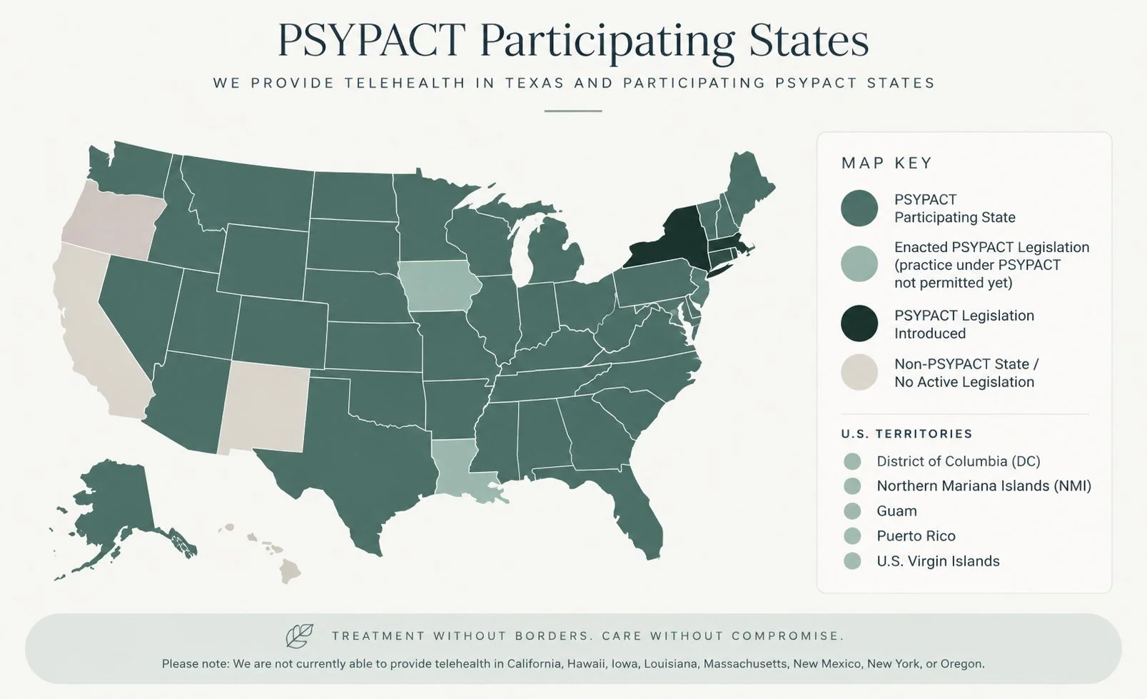 Map showing states where Tella Psychology provides online therapy through PSYPACT