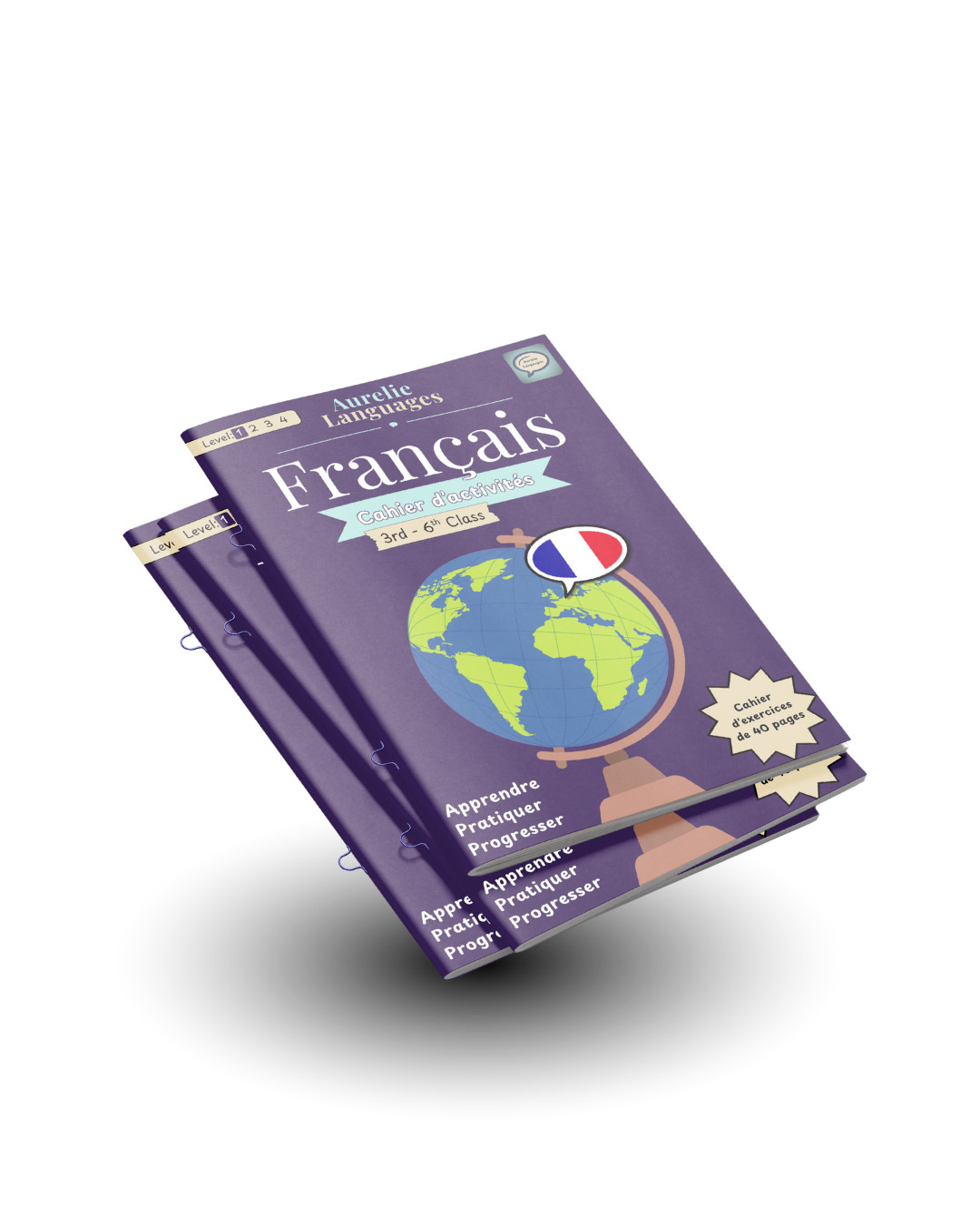 Aurelie Languages French Activity Booklets stacked, showing Levels 1 to 4 for 3rd to 6th class