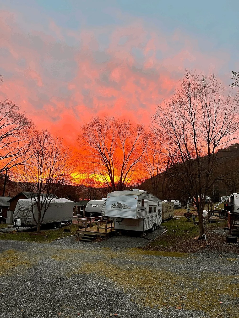 Seasonal campers at sunset at Gamler's Riverside Campground