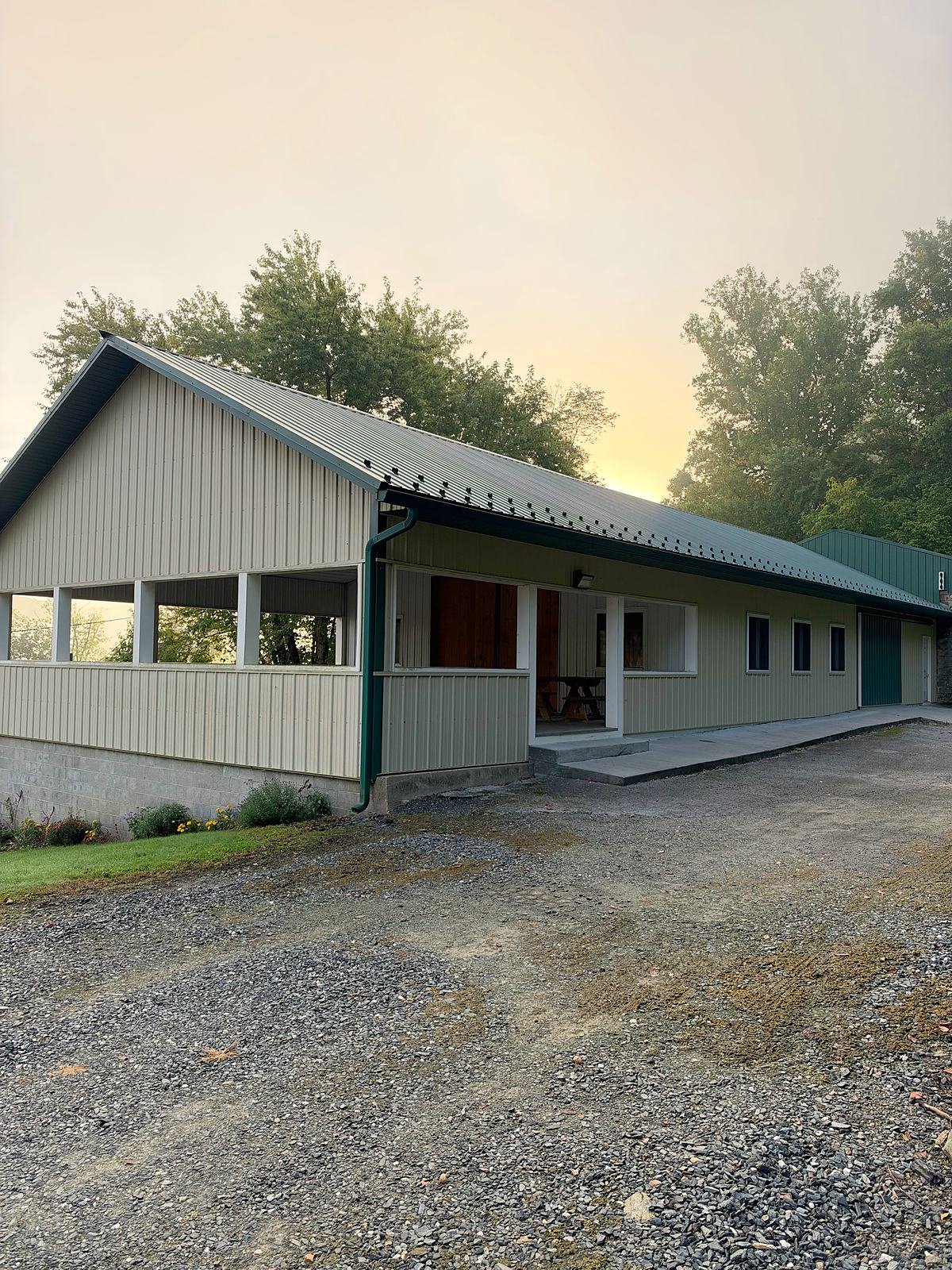 The pavilion and barn hall building at sunrise